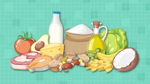 Assorted Food Groups Arranging on Green Background Animation Stock Footage 324935954