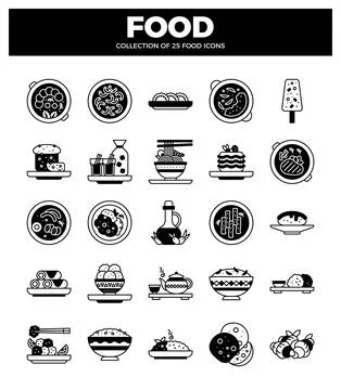 Assorted food icons in flat design style on white background. Illustrazione stock