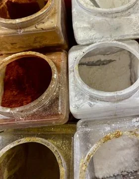 Assorted Food Spices In Plastic Containers Viewed From Above Stock Photos