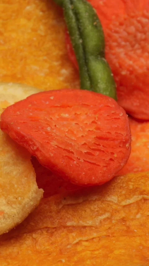 Assorted freeze-dried vegetables, rotation in circle. zucchini, radish, gre.. Stock Footage 318674874