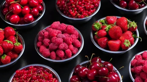 Assorted Fresh Berries Fill Small Bowls Stock Footage 338410224