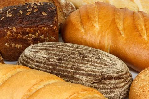 Assorted of fresh bread or close up. flour products Stock Photos