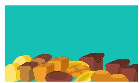 Assorted fresh bread types on blue background. Bakery goods variety, bread Stock Illustration