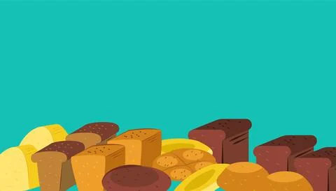 Assorted fresh bread types blue background. Bakery goods variety, bread loaves Stock Illustration