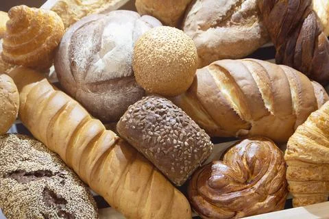 Assorted fresh bread varieties displayed artfully on a neutral background, .. Stock Photos