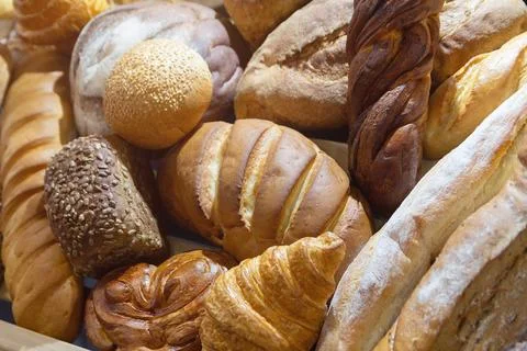 Assorted fresh bread varieties displayed artfully on a neutral background, .. Stock Photos
