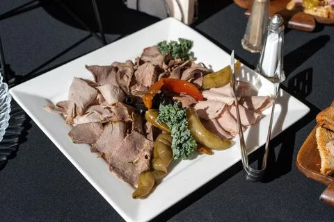 Assorted fresh cold cut platter Italian appetizer. 스톡 사진