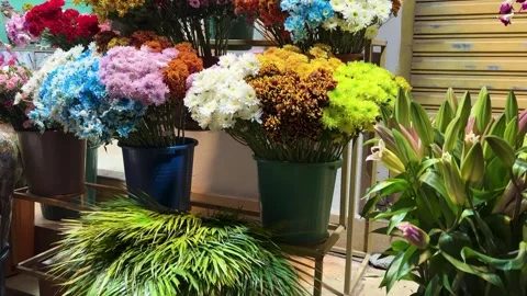 Assorted fresh flowers in decorative buckets at florist market stall indoors 動画素材 334697566