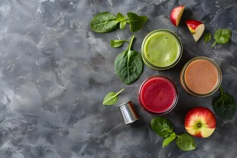 Assorted fresh fruit and vegetable juices on textured background Stock Photos