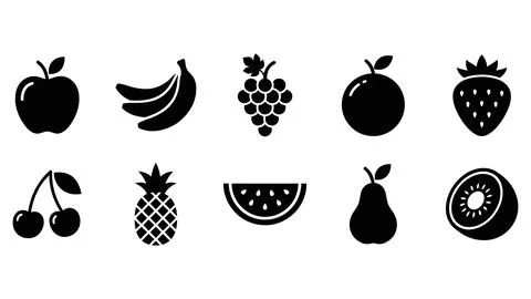 Assorted fresh fruit icons apple bananas grapes orange strawberry. Stock Illustration