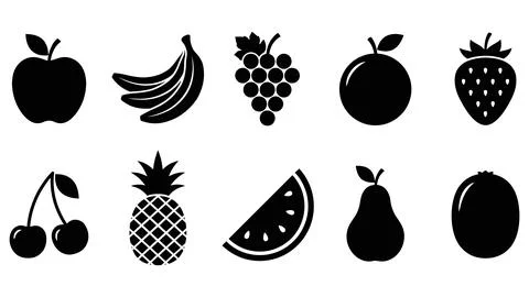 Assorted fresh fruit icons apple bananas grapes orange strawberry. Stock Illustration