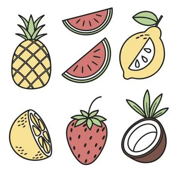 Assorted fresh fruit icons: pineapple, watermelon, lemon, strawberry Stock Illustration