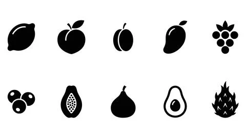 Assorted fresh fruit icons set featuring tropical and garden varieties. Stock Illustration