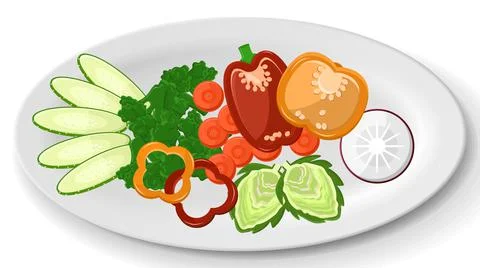 Assorted fresh natural vegetables on plate. Paprika, carrots, radishes, lettuce Stock Illustration