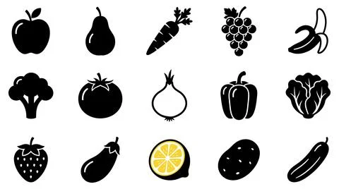 Assorted fresh produce silhouette vector icon collection for nutritional Stock Illustration