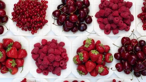 Assorted Fresh Red Berries And Cherries Arranged In White Trays Stock Footage 343280794