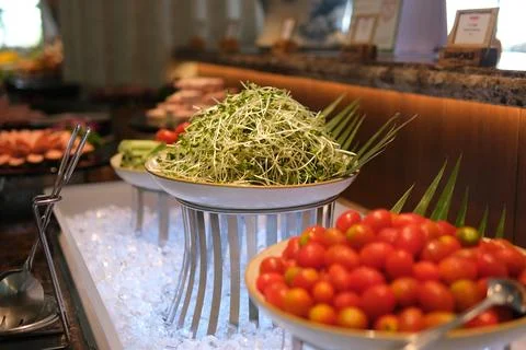 Assorted fresh salads displayed on a buffet in individual containers at a Stock Photos