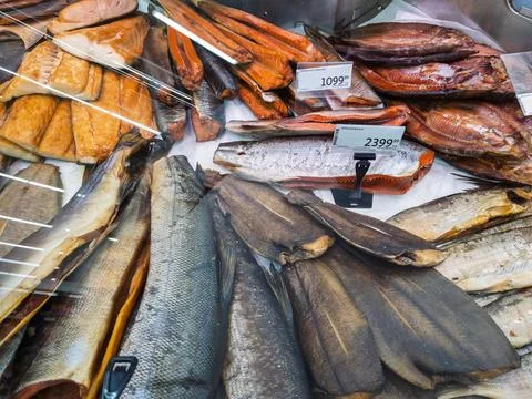 Assorted Fresh Seafood Selection in Russian Supermarket Stock Photos