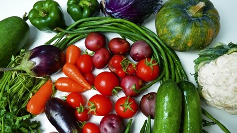 Assorted Fresh Vegetables and Eggs, A colorful assortment of fresh vegetabl.. 스톡 동영상 305034004