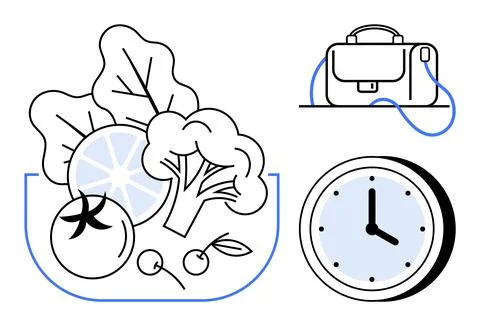 Assorted fresh vegetables, briefcase, and clock representing healthy eating,  イラスト素材
