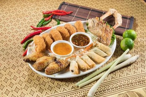 Assorted Fried Appetizers With Sauces Stock Photos