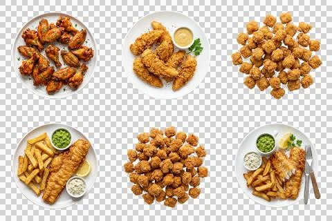 Assorted fried chicken dishes like wings tenders fish and chips on transpar.. Foto stock