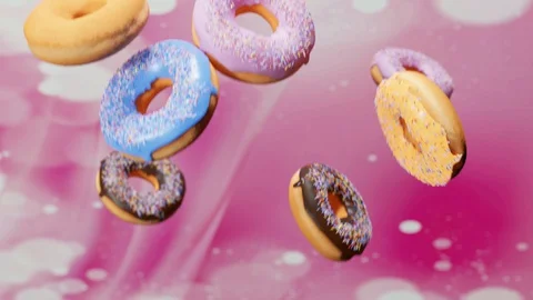 Assorted frosted donuts falling in front of a pink pop bubblegum background Stock Footage 128668632