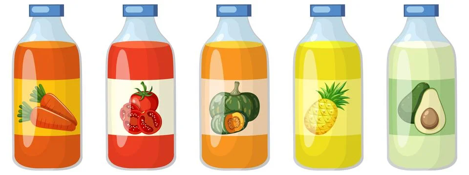 Assorted Fruit and Vegetable Juice Bottles in Row Stock Illustration