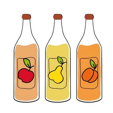 Assorted fruit juice bottles displayed on a flat surface in a bright setting Stock Illustration