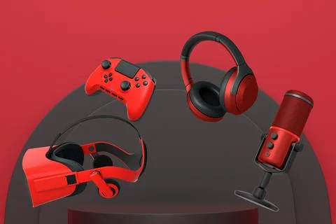 Assorted gaming gadgets like controllers, VR headset, mouse, and mic floating Stock Illustration