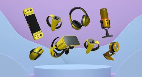 Assorted gaming gadgets like controllers, VR headset, mouse, and mic floating Stock Illustration