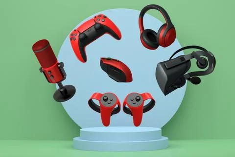 Assorted gaming gadgets like controllers, VR headset, mouse, and mic floating Stock Illustration