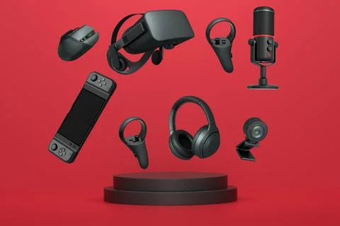 Assorted gaming gadgets like controllers, VR headset, mouse, and mic floating Stock Illustration