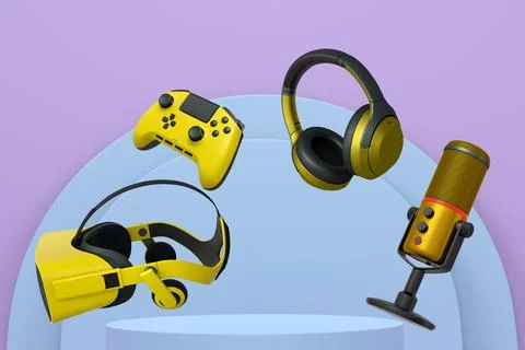 Assorted gaming gadgets like controllers, VR headset, mouse, and mic floating Stock Illustration