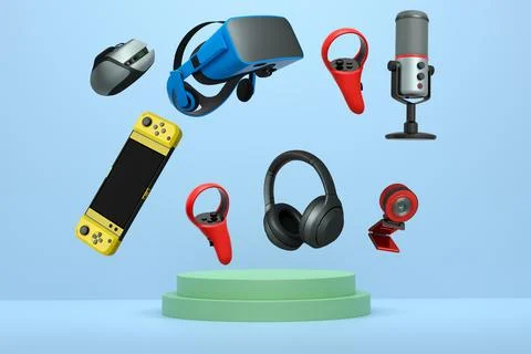 Assorted gaming gadgets like controllers, VR headset, mouse, and mic floating Stock Illustration