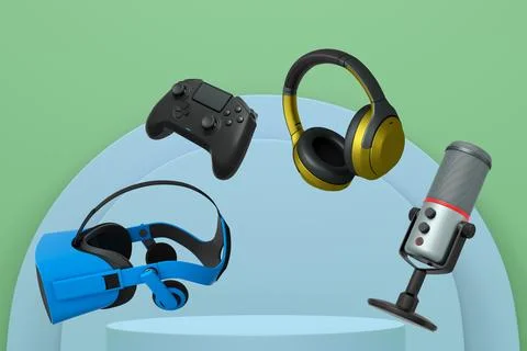Assorted gaming gadgets like controllers, VR headset, mouse, and mic floating Stock Illustration