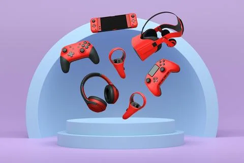 Assorted gaming gadgets like controllers, VR headset, mouse, and mic floating Stock Illustration