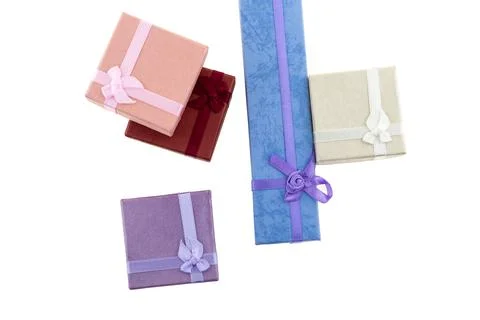 Assorted giftbox long and square blue and purple on a white background Stock Photos