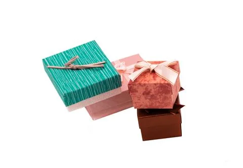 Assorted giftbox long and square blue and purple on a white background 스톡 사진