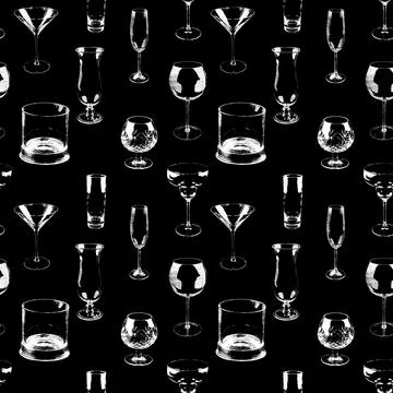 Assorted Glassware repeating patterns white on black 스톡 일러스트