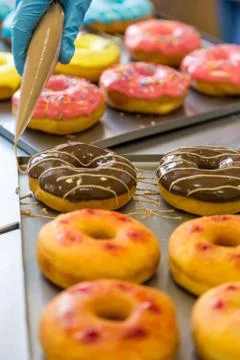 Assorted glazed doughnuts in different colors Stock Photos