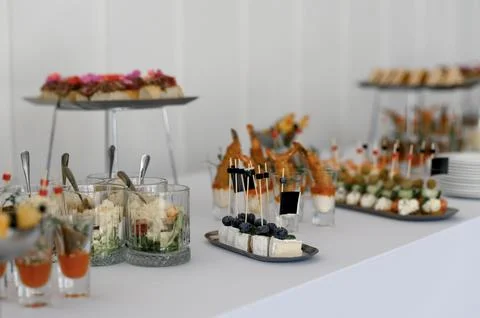 Assorted gourmet appetizers displayed on elegant serving trays at event Stock Photos