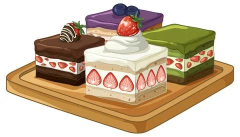 Assorted Gourmet Cake Slices with Fresh Fruit Toppings on Wooden Board Stock-Illustration