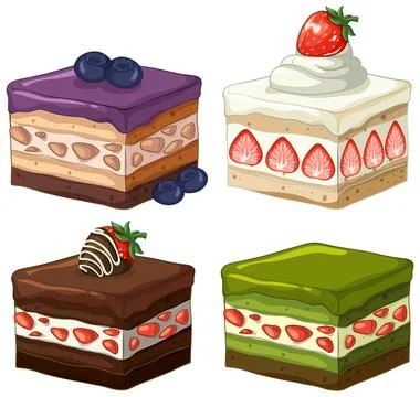 Assorted Gourmet Cake Slices with Fruit and Cream Toppings Stock Illustration