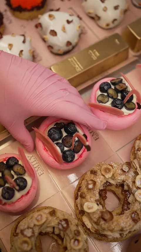 Assorted gourmet cakes decorated with berries. Confectionery concept. Stock Footage 307142819