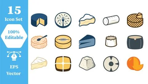 Assorted gourmet cheese types and varieties icon set with illustration, cul.. Stock Illustration