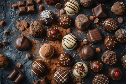 Assorted gourmet chocolates on dark background Stock Photos