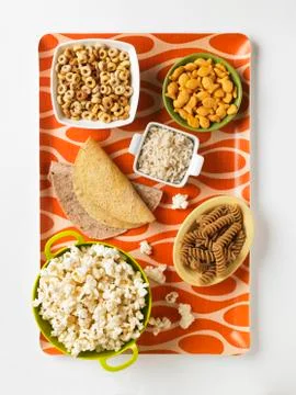 Assorted Grain Based Products: Taco Shells, Tortillas, Whole Grain Fusilli, Stock Photos