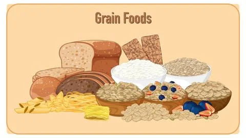 Assorted Grain Foods Including Bread, Pasta, and Oats Illustrazione stock