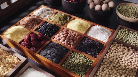 Assorted Grains and Nuts Arranged in Wooden Divided Tray Vídeos de archivo 336559713